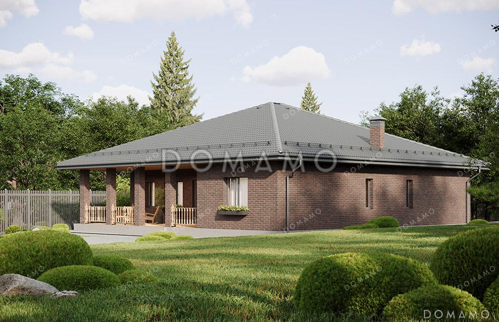 Проект большого одноэтажного дома с просторной зоной кухни-гостиной, крытой террасой, выделенной мастер-спальней и кабинетом / 3