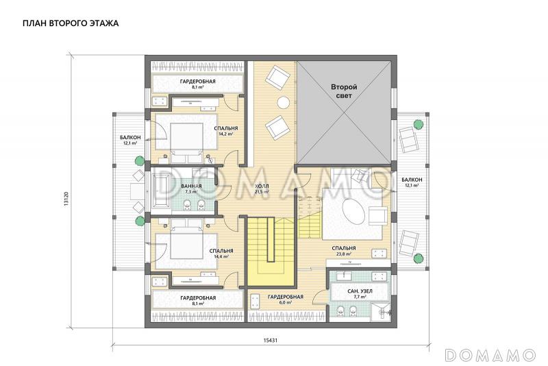 Проект дома из газобетона с мастер-спальней, сауной и большой гостиной / План 2 этажа