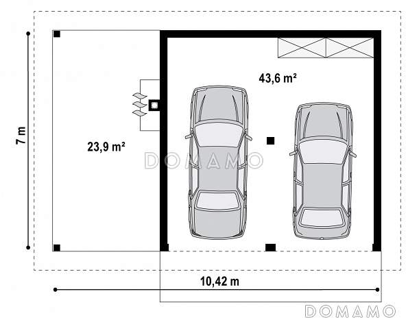 Проект гаража из газобетона для двух авто с отдельными воротами и барбекю на террасе  / План 1 этажа Проект гаража из газобетона для двух авто с отдельными воротами и барбекю на террасе  / План 1 этажа