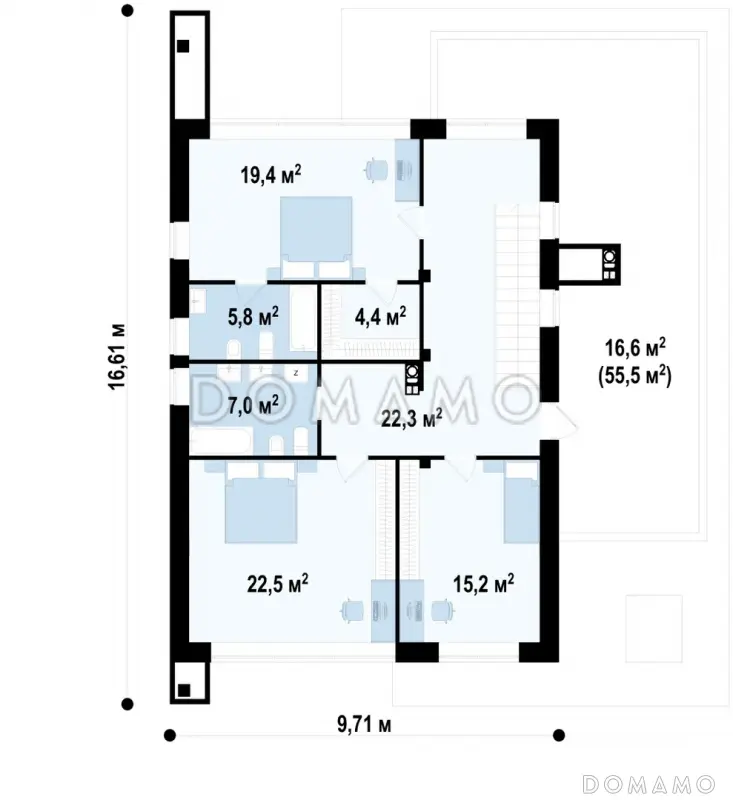 Проект кирпичного дома с 4 спальнями и большой гостиной, адаптированный для сейсмозоны / План 2 этажа