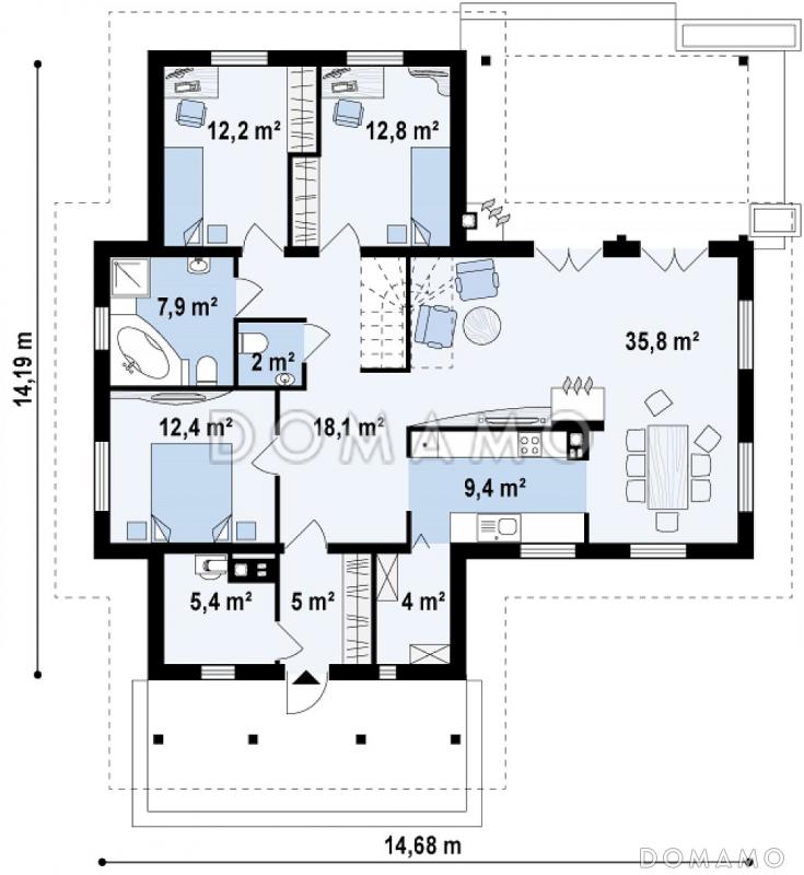 Проект одноэтажного дома из кирпича с тремя спальнями и барбекю на террасе / План 1 этажа