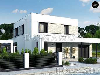 Проект современного двухэтажного дома из газобетона с плоской крышей, четырьмя комнатами, угловым остеклением гостиной и гаражом Проект современного двухэтажного дома из газобетона с плоской крышей, четырьмя комнатами, угловым остеклением гостиной и гаражом