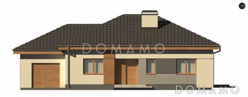 Проект одноэтажного дома из газобетона с тремя спальнями и небольшой крытой угловой террасой, увеличенная версия 273 с гаражом / Фасад 4