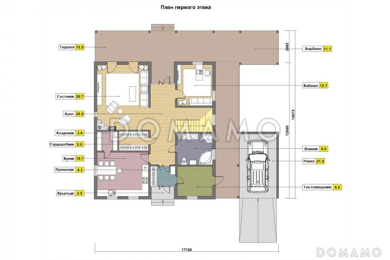 Проект современного дома из кирпича с изолированной кухней / План 1 этажа