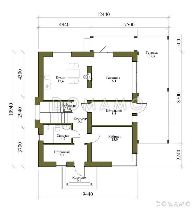 Проект двухэтажного дома из газобетона с 4 спальнями и кабинетом / План 1 этажа