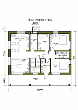 Проект одноэтажного дома с мансардой и просторной крытой террасой / План 1 этажа Проект одноэтажного дома с мансардой и просторной крытой террасой / План 1 этажа