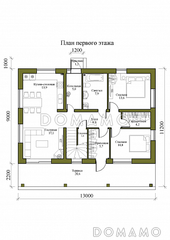 Проект одноэтажного дома с мансардой и просторной крытой террасой / План 1 этажа Проект одноэтажного дома с мансардой и просторной крытой террасой / План 1 этажа