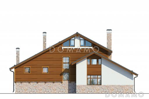 Проект дома с панорамными окнами, просторной гостиной и кухней-столовой, сауной, кабинетом на мансардном этаже, балконом и лоджией / Фасад 2