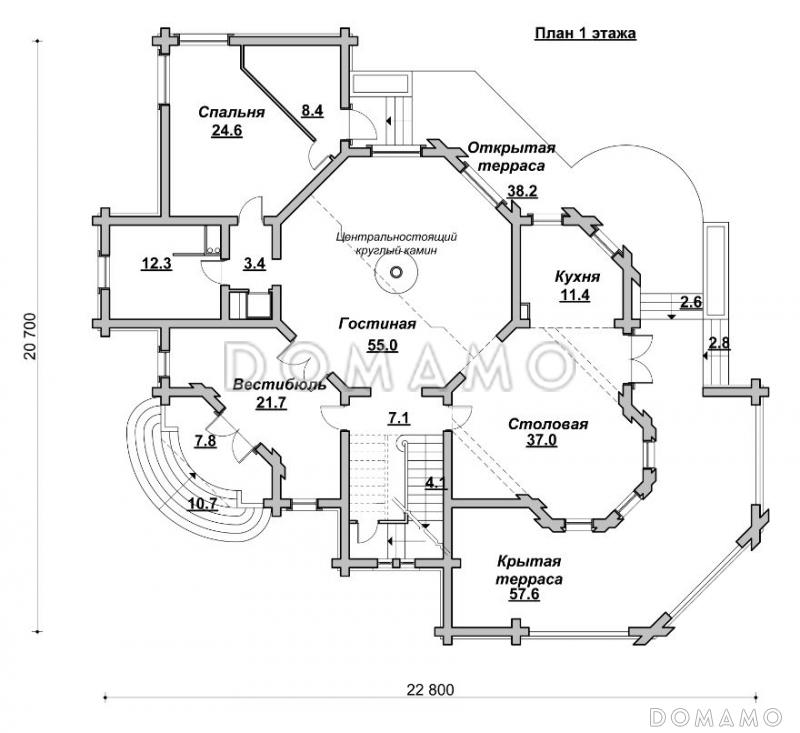 Коттедж с причудливыми башенками / План 1 этажа