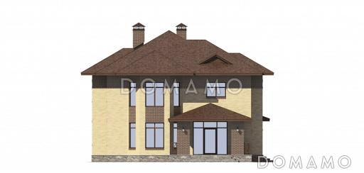Проект коттеджа из кирпича с двуцветной облицовкой и хозяйским санузлом / Входной фасад