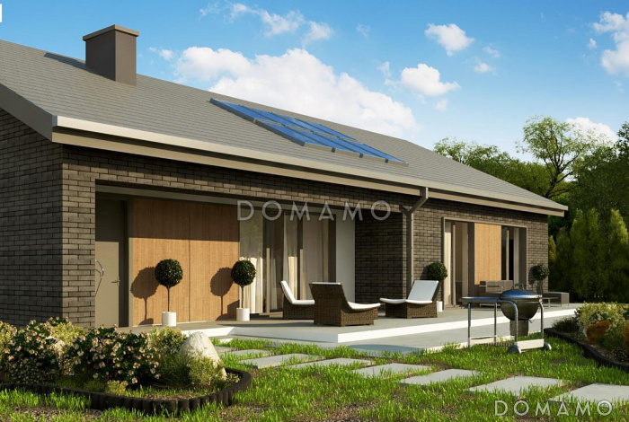 Проект комфортного одноэтажного дома из кирпича с тремя спальнями, кабинетом и гаражом