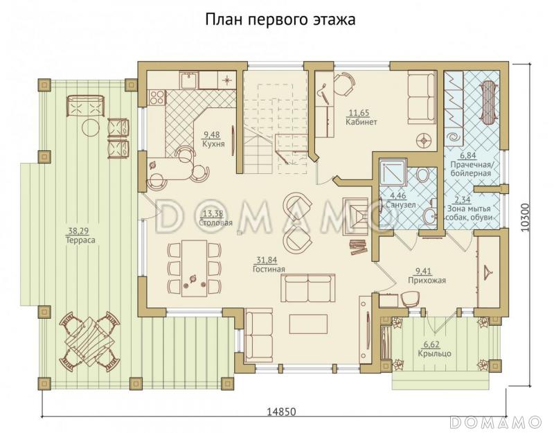 Проект каркасного дома с рационально распланированной планировкой / План 1 этажа