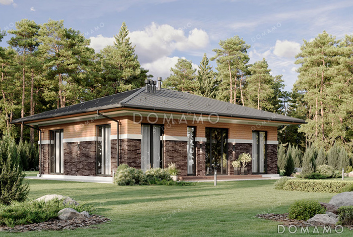 Проект одноэтажного дома с окнами в пол, тремя спальнями и выходом из гостиной в сад Проект одноэтажного дома с окнами в пол, тремя спальнями и выходом из гостиной в сад