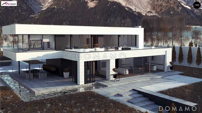 Проект просторного современного двухэтажного дома из кирпича с плоской крышей,  с верандой, гаражом и террасами на обоих этажах Проект просторного современного двухэтажного дома из кирпича с плоской крышей,  с верандой, гаражом и террасами на обоих этажах