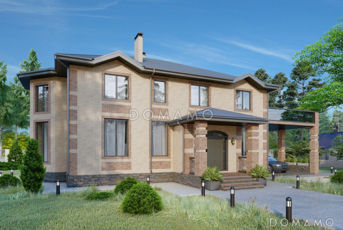 Проект двухэтажного кирпичного дома со вторым светом, навесом для автомобиля и открытой террасой на втором этаже Проект двухэтажного кирпичного дома со вторым светом, навесом для автомобиля и открытой террасой на втором этаже