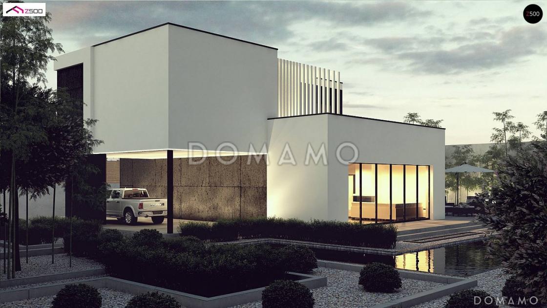 Проект современного двухуровневого дома из кирпича с несколькими террасами, двухместным гаражом и навесом / 1