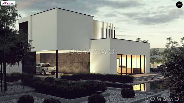 Проект современного двухуровневого дома из кирпича с несколькими террасами, двухместным гаражом и навесом