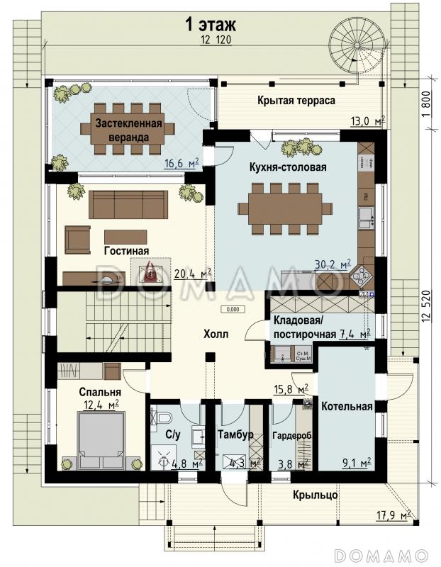 Проект загородного дома в стиле шале с верандой, балконом, сауной, бильярдной / План 1 этажа