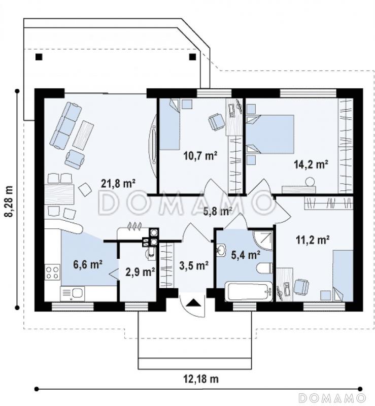 Проект компактного одноэтажного дома из газобетона с острой крышей, с тремя спальнями и небольшой крытой террасой / План 1 этажа