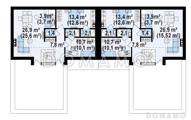Проект современных мансардных домов-близнецов из кирпича с большим гаражом, открытой террасой на втором этаже и четырьмя спальнями / План мансардного этажа