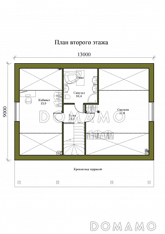 Проект одноэтажного дома с мансардой и просторной крытой террасой / План мансардного этажа Проект одноэтажного дома с мансардой и просторной крытой террасой / План мансардного этажа