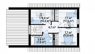 Проект компактного одноэтажного мансардного дома из кирпича с дополнительной спальней на первом этаже и гаражом / План мансардного этажа Проект компактного одноэтажного мансардного дома из кирпича с дополнительной спальней на первом этаже и гаражом / План мансардного этажа