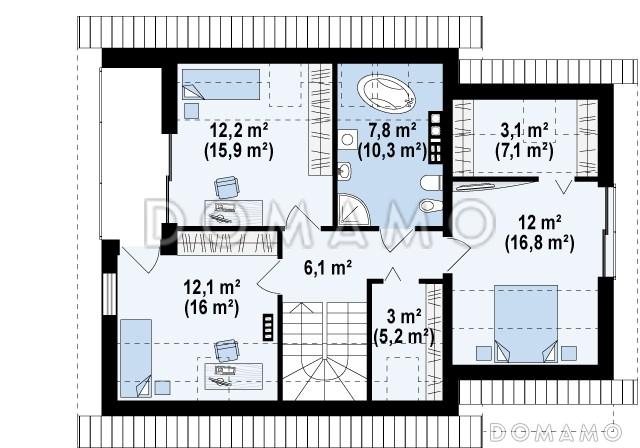 Проект одноэтажного мансардного дома из кирпича с большой гостиной, гаражом и частично крытой террасой / План мансардного этажа