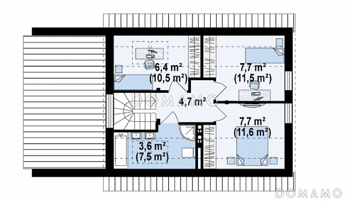 Проект компактного одноэтажного мансардного дома из кирпича с дополнительной спальней на первом этаже и гаражом / План мансардного этажа Проект компактного одноэтажного мансардного дома из кирпича с дополнительной спальней на первом этаже и гаражом / План мансардного этажа