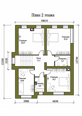 Проект двухэтажного дома с совмещенными гостиной, столовой, холлом и кухней / План 2 этажа
