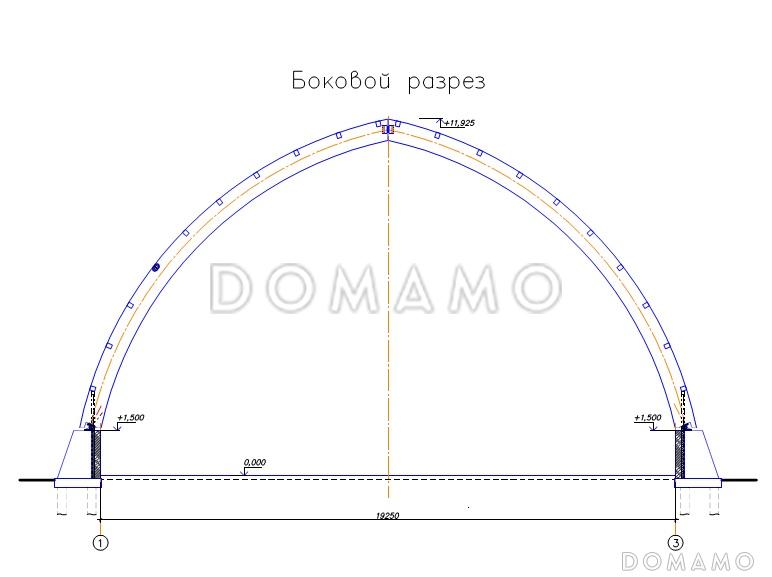 Проект теннисного корта из клееного бруса со стрельчатыми арками / План боковой разрез