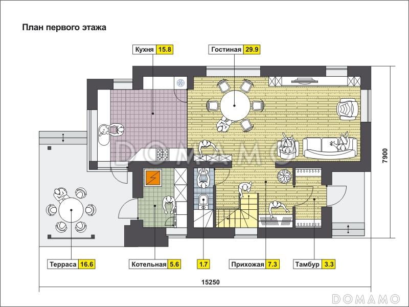Проект дома с рациональной планировкой, крытой террасой, большой гостиной, котельной, / План 1 этажа