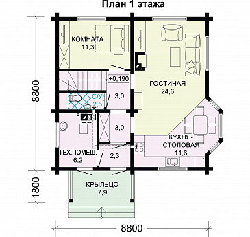 Проект дома из бруса с тремя спальными комнатами на мансардном этаже / План 1 этажа Проект дома из бруса с тремя спальными комнатами на мансардном этаже / План 1 этажа