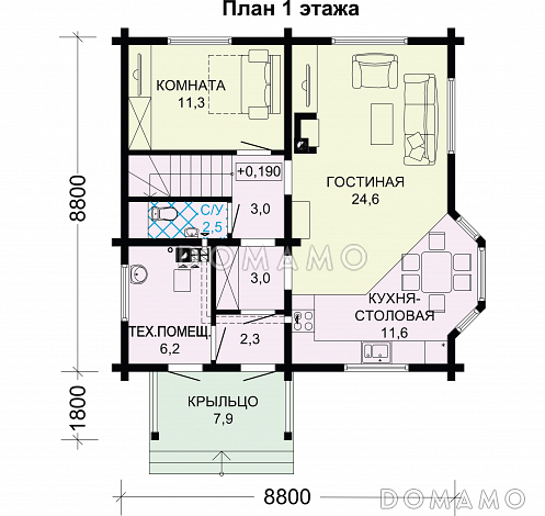 Проект дома из бруса с тремя спальными комнатами на мансардном этаже / План 1 этажа Проект дома из бруса с тремя спальными комнатами на мансардном этаже / План 1 этажа