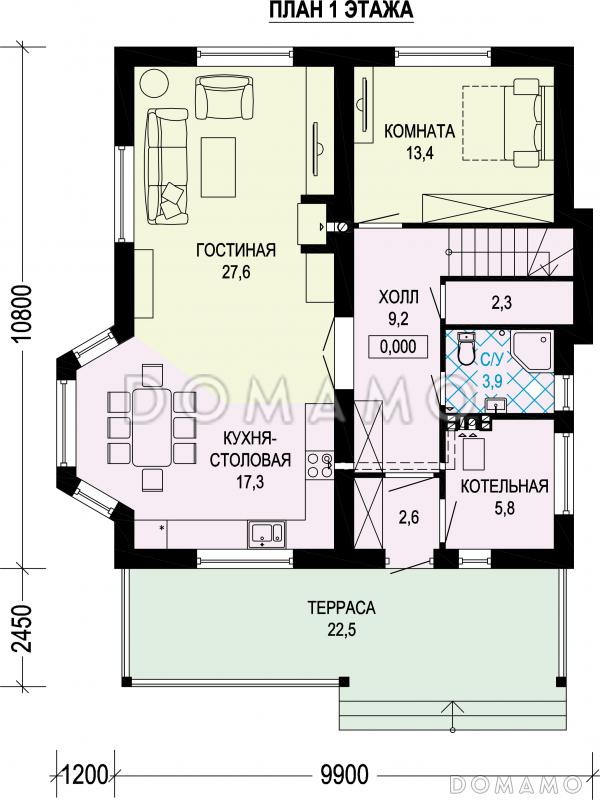 Проект двухэтажного газобетонного дома с эркером и крытой террасой на входе / План 1 этажа
