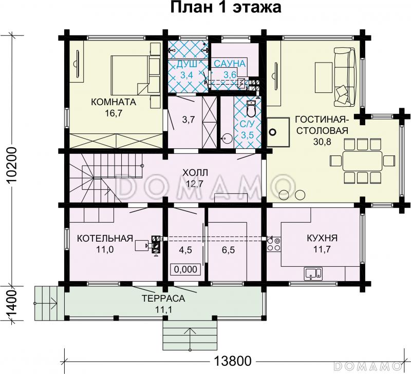 Проект деревянного дома с 4 спальнями и вторым светом в гостиной-столовой / План 1 этажа