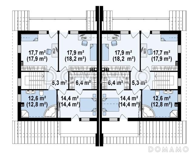 Проект мансардных домов-близнецов из кирпича с гаражом и слуховым окном / План мансардного этажа