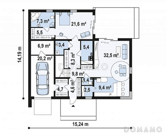 Проект современного двухэтажного дома из кирпича в стиле модерн, с террасой на втором уровне, с гаражом / План 1 этажа Проект современного двухэтажного дома из кирпича в стиле модерн, с террасой на втором уровне, с гаражом / План 1 этажа