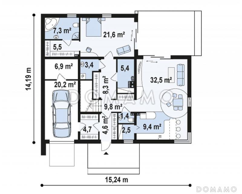 Проект современного двухэтажного дома из кирпича в стиле модерн, с террасой на втором уровне, с гаражом / План 1 этажа