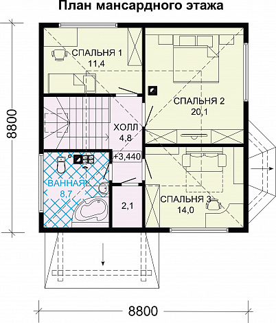 Проект дома из бруса с тремя спальными комнатами на мансардном этаже / План мансардного этажа