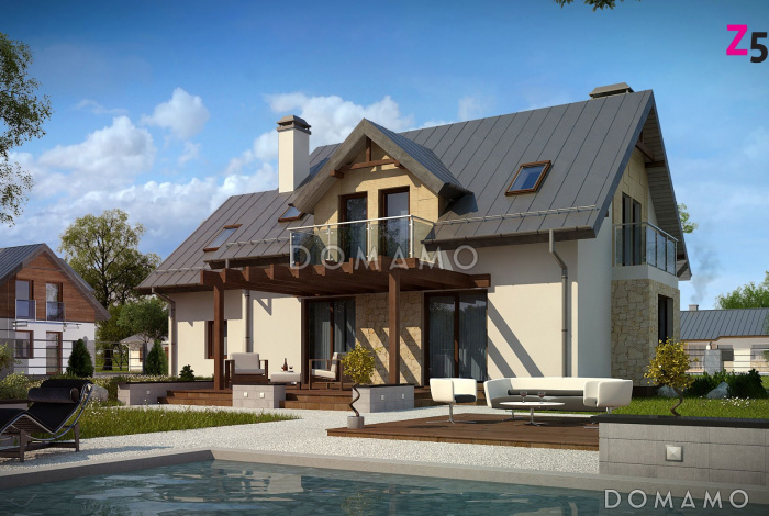 Проект одноэтажного коттеджа из газобетона с мансардным этажом, пятью спальнями и гаражом Проект одноэтажного коттеджа из газобетона с мансардным этажом, пятью спальнями и гаражом