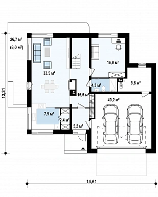 Проект двухэтажного дома с гаражом, мастер-спальней и гардеробными в спальнях / План 1 этажа Проект двухэтажного дома с гаражом, мастер-спальней и гардеробными в спальнях / План 1 этажа