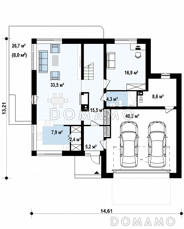 Проект двухэтажного дома с гаражом, мастер-спальней и гардеробными в спальнях / План 1 этажа Проект двухэтажного дома с гаражом, мастер-спальней и гардеробными в спальнях / План 1 этажа