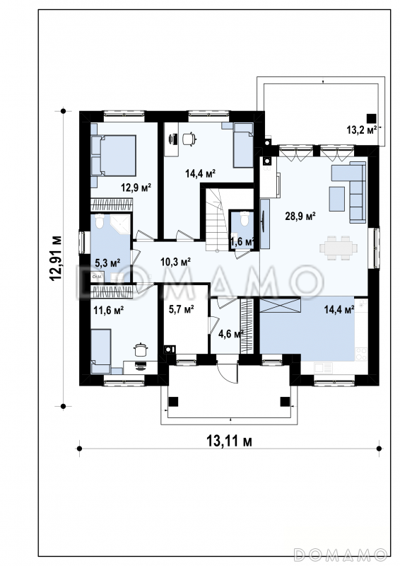 Проект одноэтажного дома из кирпича со спальней на мансарде и балконом и зоной барбекю на террасе / План 1 этажа