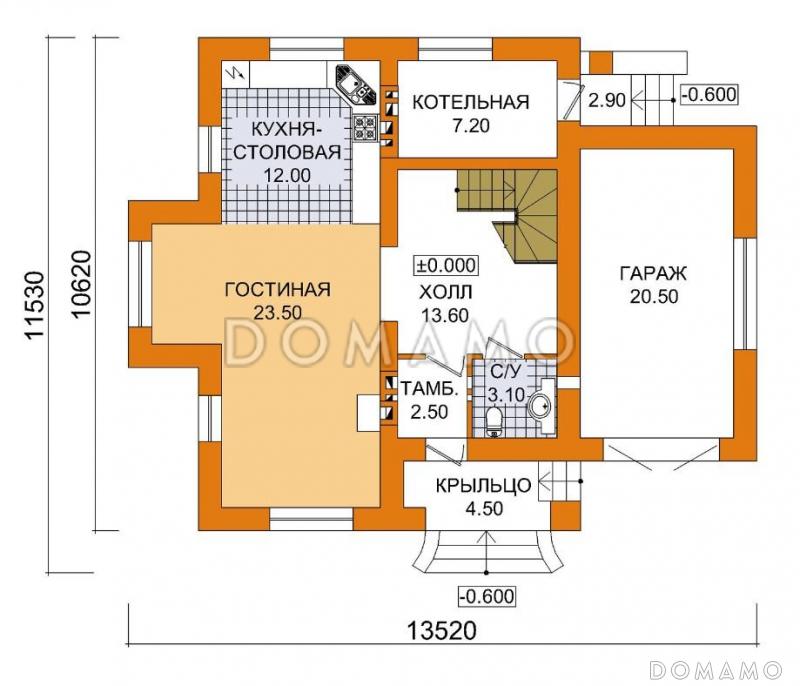 Проект дома из пеноблоков с французскими балконами / План 1 этажа