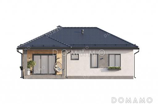 Проект компактного одноэтажного дома с общей вальмовой кровлей над входной группой и террасой и комбинированной отделкой фасада декоративной штукатуркой и планкеном / Фасад 2