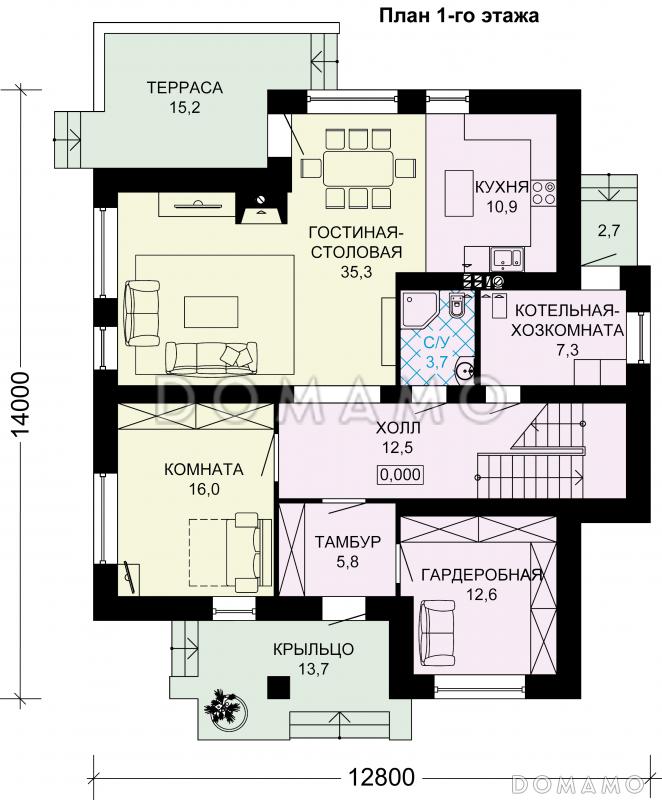 Проект двухэтажного дома по технологии ЛСТК / План 1 этажа