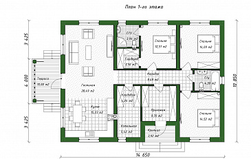 Проект одноэтажного дома с тремя спальнями, объединенной гостиной-кухней, небольшой террасой и хозяйственным помещением / План 1 этажа Проект одноэтажного дома с тремя спальнями, объединенной гостиной-кухней, небольшой террасой и хозяйственным помещением / План 1 этажа