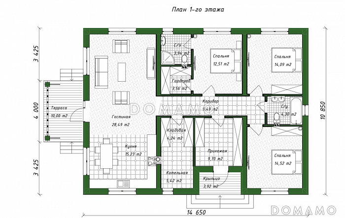 Проект одноэтажного дома с тремя спальнями, объединенной гостиной-кухней, небольшой террасой и хозяйственным помещением / План 1 этажа Проект одноэтажного дома с тремя спальнями, объединенной гостиной-кухней, небольшой террасой и хозяйственным помещением / План 1 этажа