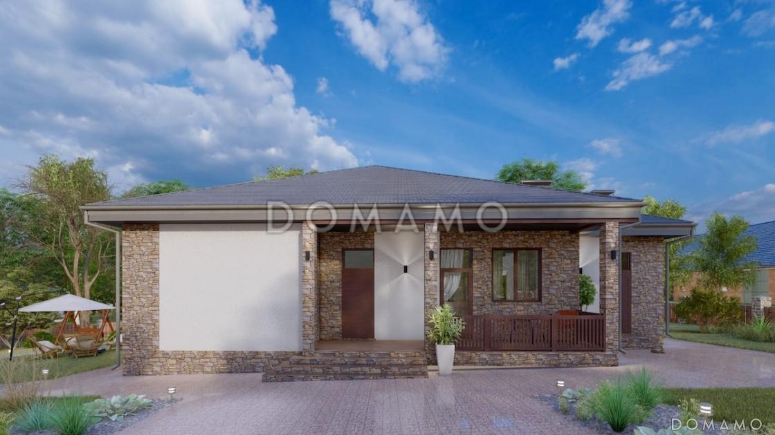 Проект одноэтажного коттеджа с сауной и крытой террасой / 1