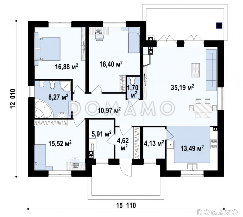 Проект одноэтажного дома из кирпича с тремя спальнями и небольшой крытой угловой террасой / План 1 этажа